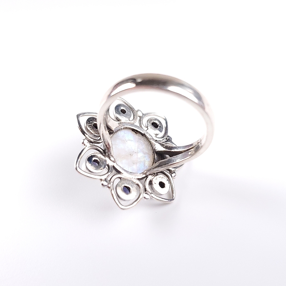 925 Sterling Silver Rainbow Moonstone and Iolite Flower Ring Size 7.5 - Picture 10 of 16